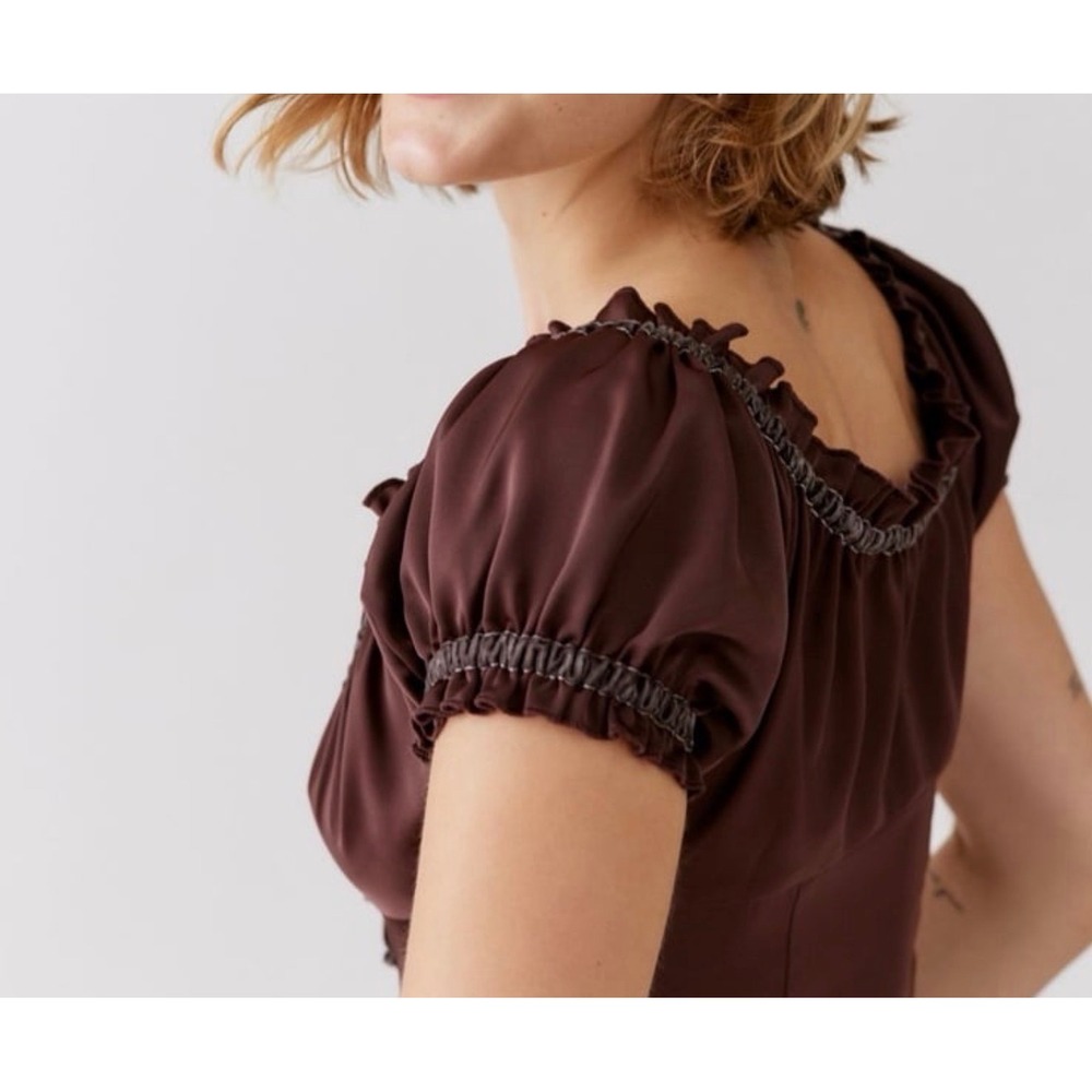 Urban Outfitters Brown Satin Milkmaid Corset Top Ruffle Puff Sleeve Sweetheart M - Picture 4 of 6